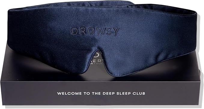 Drowsy Featherweight Silk Sleep Mask – Luxury Blackout Eye Mask for Sleeping & Travel, 100% Mulberry Silk, Lightweight Comfort, Adjustable Strap, Protects Skin & Hair - Midnight Blue