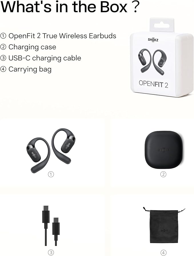 SHOKZ OpenFit 2 Open-Ear Headphones,True Wireless Bluetooth Earphones with Microphone,Earhook Earbuds with 48 Hours of Playtime,Fast Charging,IP55 Water-Resistant,with Carrying Bag,Black,Bluetooth5.4