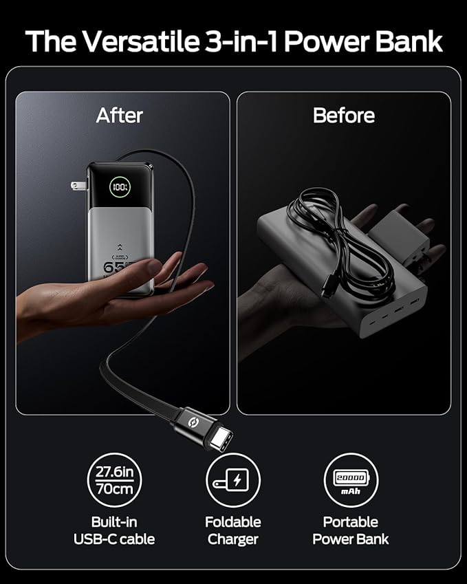 MOVE SPEED Portable Charger Laptop Power Bank 20000mAh 65W, Travel Essentials Battery Pack with Built-in Retractable USB-C Cable & Wall Plug, for MacBook/iPhone 17/16/15/iPad/Galaxy/Dell/HP and More