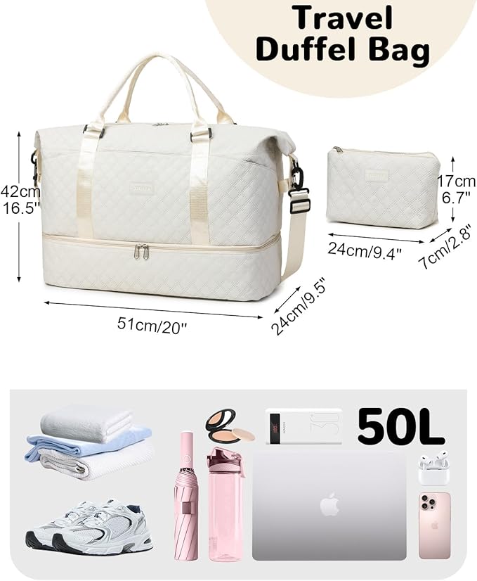 50L Large Travel Duffel Bag with Shoe Compartment & Toiletry Bag for Women, Overnight Bags with Wet Pocket,White