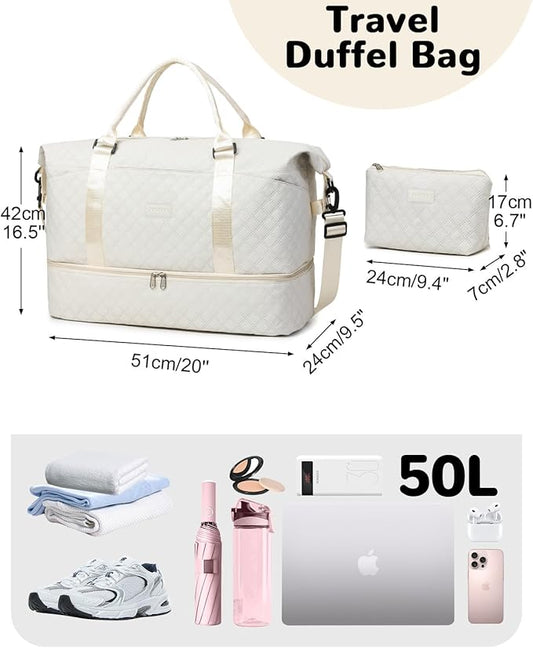 50L Large Travel Duffel Bag with Shoe Compartment & Toiletry Bag for Women, Overnight Bags with Wet Pocket,White