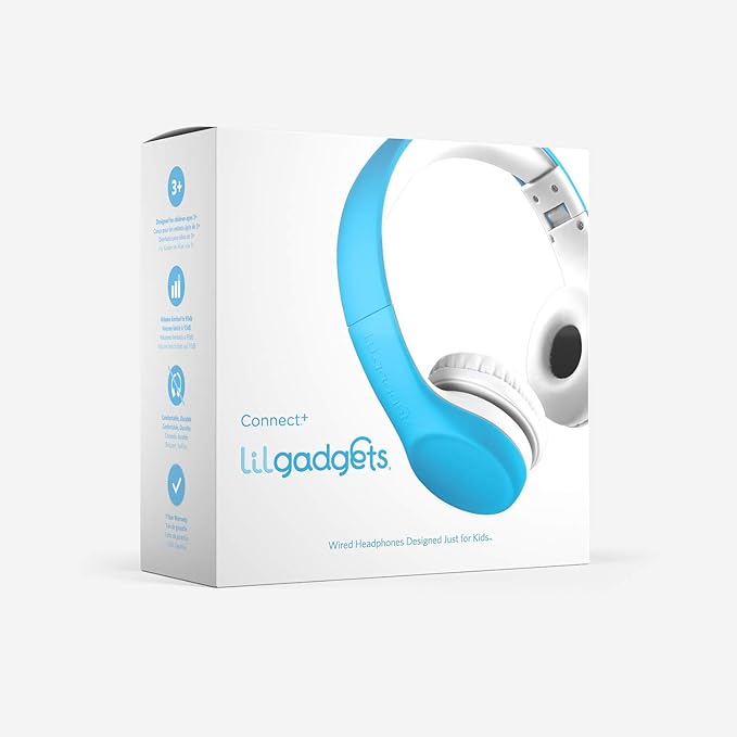 LilGadgets Connect+ Foldable Headphones, Adjustable Fit Soft Touch Padding for Kids with Mic, Volume-Limited & Noise Reduction On-Ear Wired Headset for School with SharePort - Blue, Ages 3-14