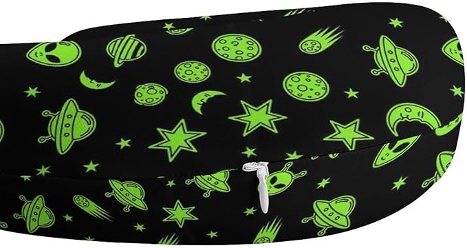 Memory Foam Travel Pillow Chin Head Support Cushion Alien Funny Spaceships Planet Green Black, Washable Removable Cover for Airplane Car Outdoor Sleep