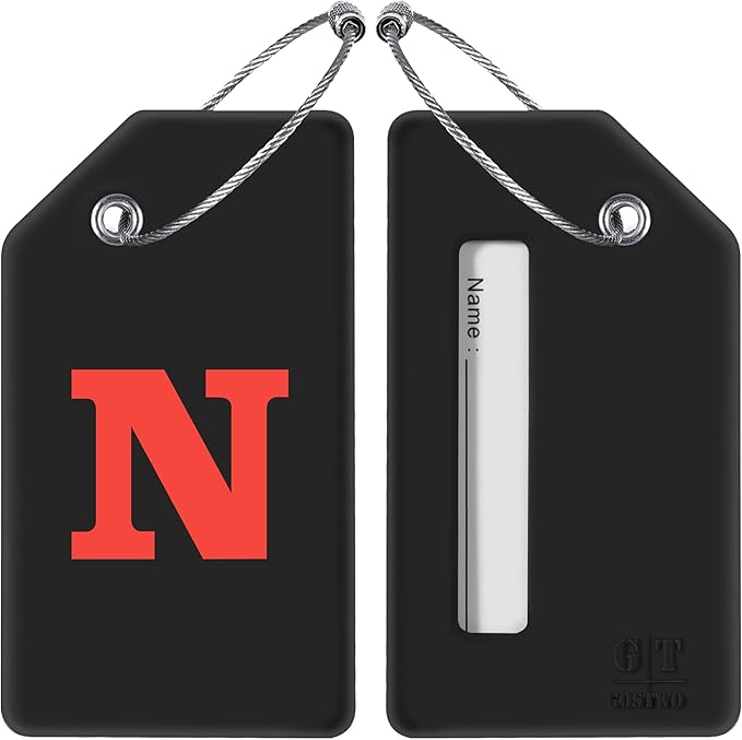Gostwo 2 Pack Silicone Luggage Tags for Suitcases, 26 Initial Letter Baggage Labels Handbag School Bag Suitcase Instrument Tag with Stainless Steel Loop(Black)(Letter N)