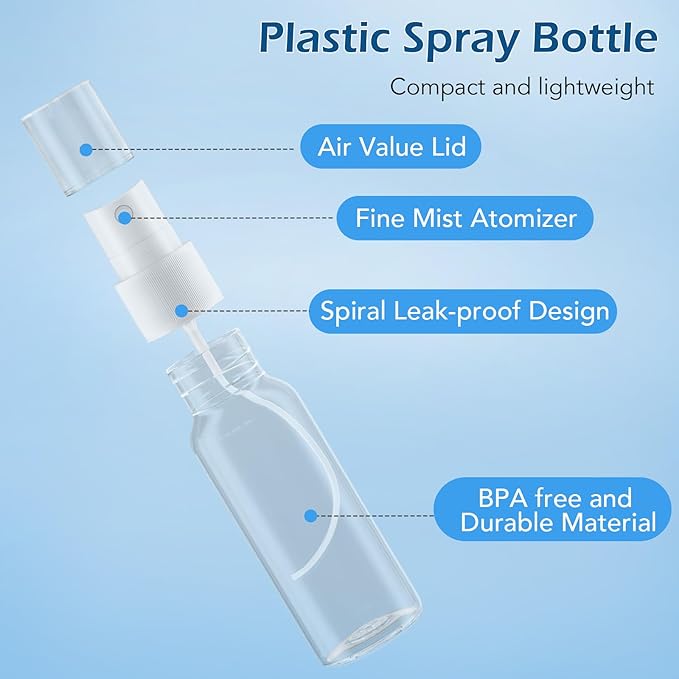 Spray Bottles, 2oz/50ml Clear Empty Fine Mist Plastic Mini Travel Bottle Set, Small Refillable Liquid Containers with 2pcs Funnels and 24pcs Labels (12 Pack)