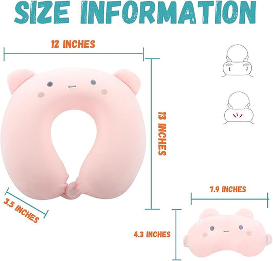 Kids Neck Pillow for Travel with Sleep Eye Mask, Cute Travel Neck Pillow, Memory Foam Flight Sleeping Headrest Pillow for Boys & Girls, Airplane, Train, Car, Home Use - Peach Bear