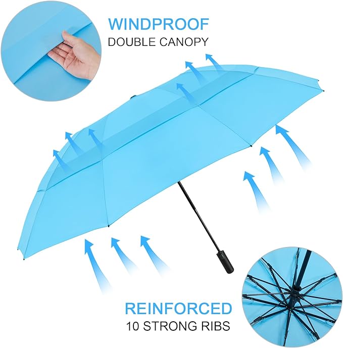 G4Free 42 Inch Inverted Travel Umbrella Compact Windproof 10 Ribs Reverse Small Portable Umbrella for Rain Double Canopy Vented Automatic Open Close for Women(Sky Blue)