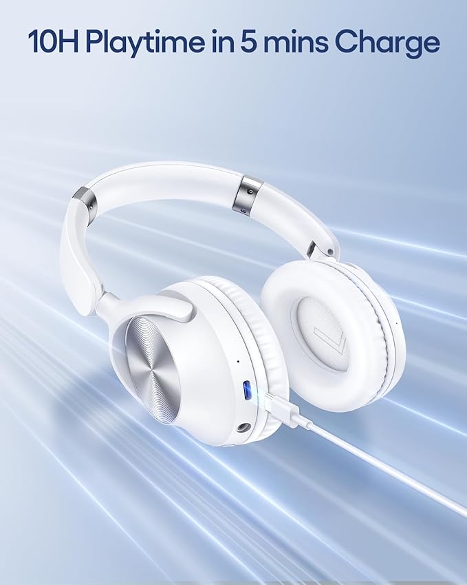 TAGRY Hybrid Active Noise Cancelling Bluetooth Headphones 100H Playtime Wireless Over Ear Headphone with Fast Charging Hi-Res Audio Headsets Comfort Earcups for Commute Travel Office Phone PC White