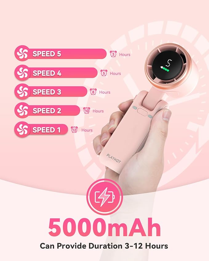 Portable Handheld Turbo Fan, 5-Speed Personal Fans, 5000mAh Rechargeable Fans Up to 12 Hours, Weight only 0.6lb Small Fan, Hand/Neck/Desk Fan 3 IN 1, Beach Vacation Essentials(Pink)