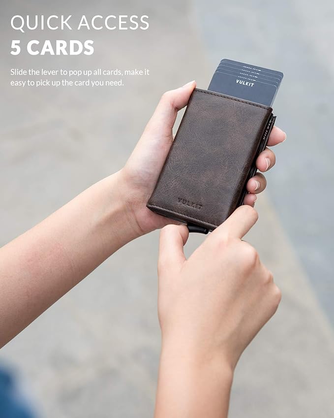 VULKIT Pop up Wallet Minimalist Cash Wallets RFID Blocking Leather Smart Credit Card Holder with Magnetic Closure for Men