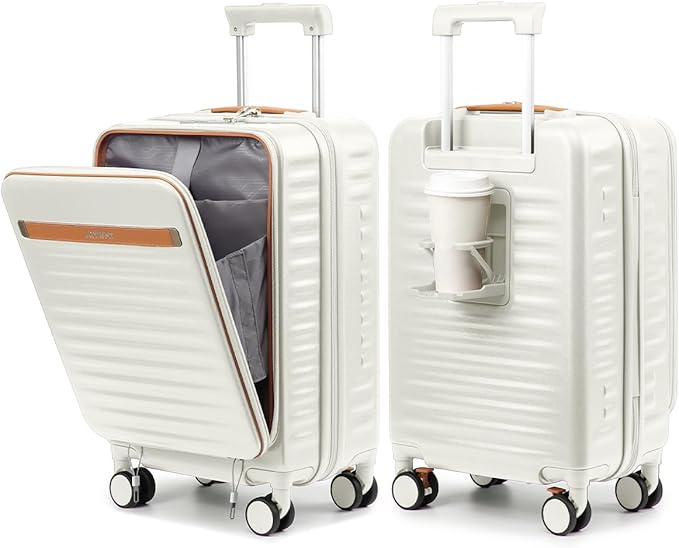 Joyway Carry on Luggage Airline Approved with Front Compartment and Cup Holder, 20 Inch Hard Shell Carry-on Suitcase with Spinner Wheels and TSA Lock for Women Men (Beige, 20 Inch)