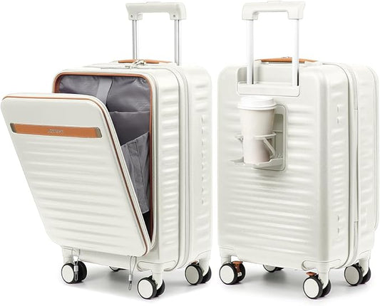Joyway Carry on Luggage Airline Approved with Front Compartment and Cup Holder, 20 Inch Hard Shell Carry-on Suitcase with Spinner Wheels and TSA Lock for Women Men (Beige, 20 Inch)
