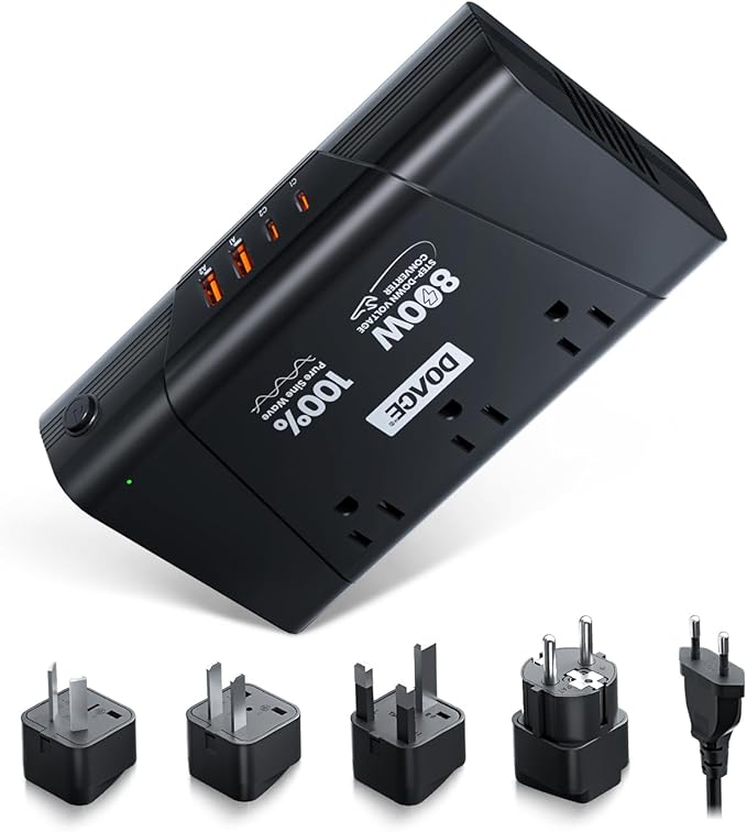 DOACE 220V to 110V Converter - 800W Voltage Converter US to Europe for Hair Straightener, Curler, Phone, Power Converter with 2 USB C & 2 USB A Ports, European Travel Plug Adapter UK, US, AU, EU