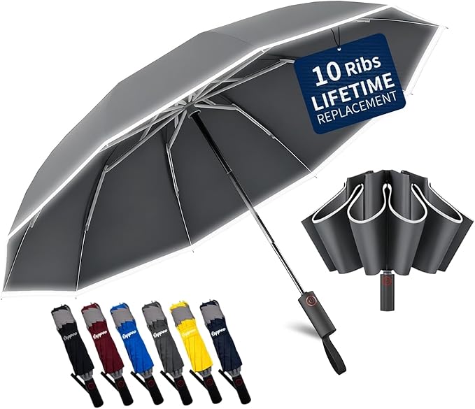 Rappeo 4-in-1 Inverted Travel Umbrella Compact, Automatic Large Umbrellas for Rain & Sun, Portable Windproof Umbrella for Backpack, Reverse Folding Umbrella for UV with Reflective Strips,Lightweight