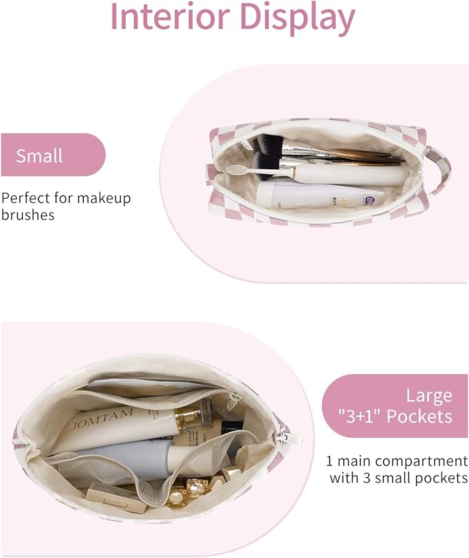 Narwey 2 Piece Personalized Initial Makeup Bag Checkered Cosmetic Bags, 6 8 10 11 12 13 14 16 18 Years Old Teen Girl Gifts Trendy Stuff Birthday Gifts for Women, Travel Toiletry Bag (Pink Letter P)