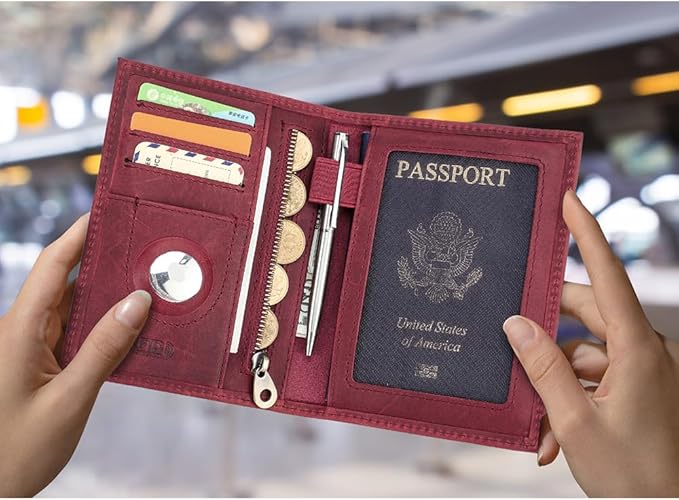 CONTACTS Full Grain Leather Airtag Passport Holder RFID Blocking Travel Passport Wallet Slim Passport Cover Case with 4 Cards Slots, Coin Pocket (Wine Red)
