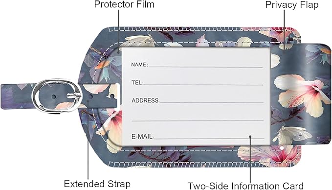 FINTIE 2 Pack Luggage Tags, Leather Name ID Labels with Privacy Cover for Travel Bag Suitcase, Theme - Blooming Hibiscus