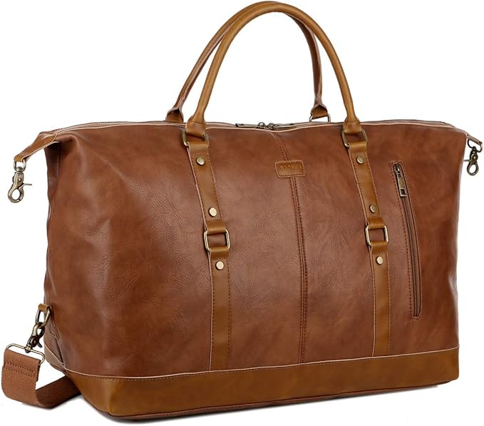 BAOSHA Vegan Leather Travel Duffel Tote Bag Overnight Weekender Bag Oversized for Men and Women HB-14 (Brown)
