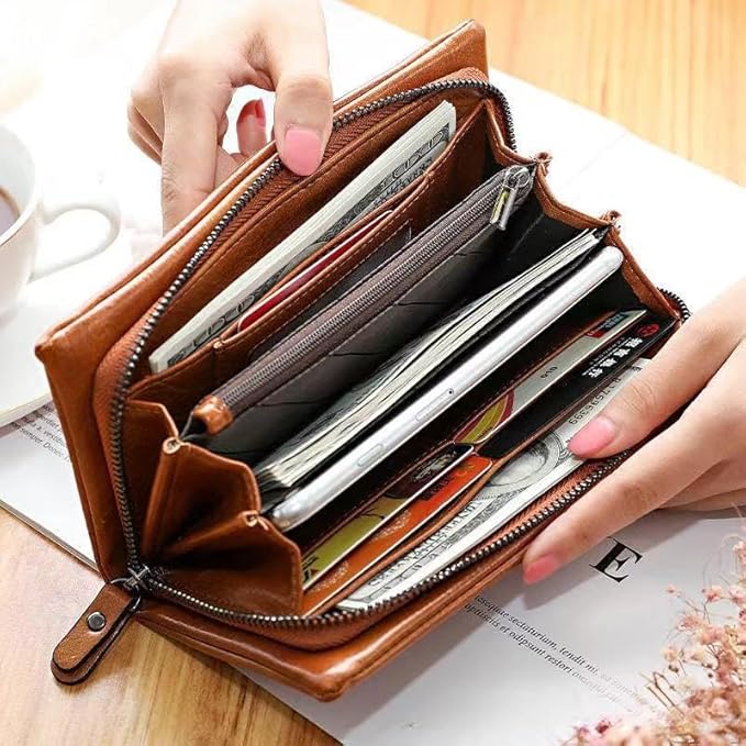 Vyrnox Genuine Leather Women's Long Vintage Zipper Money Clip Clutch Bag with RFID Blocking Coin Purse for Women Including Gift Box (Green)