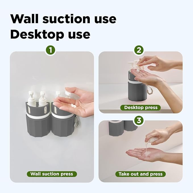 YOTIME 4in1 Travel Bottles with Suction Cup, TSA Approved Leak Proof Travel Size Containers for Toiletries, Refillable Travel Accessories for Shampoo, Body Wash and Conditioner, Gray