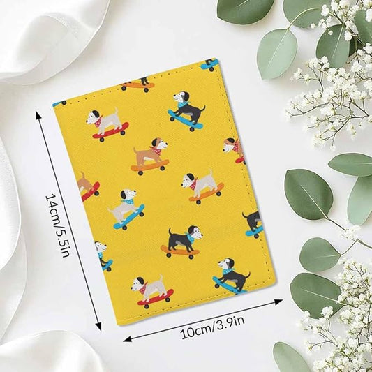 Skateboard Dogs Passport Holder for Travel Different Dogs Wearing Scarves PU Leather Passport Cover Wallet Cute Passport Card Holder for Women and Men
