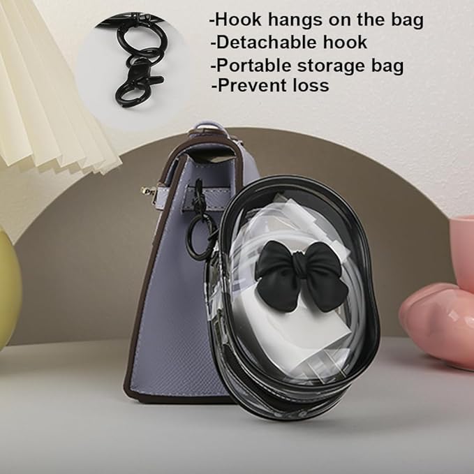 Charging Cable Storage Bag, Cute 3D Bow Tie Waves Design Transparent Compact Travel Cables Carrying Storages Case Electronic Accessories Charger Cord Wire Organizer, Black Bow