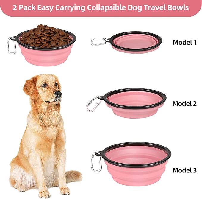 Kytely Large Collapsible Dog Bowls 2 Pack, 34oz Foldable Dog Travel Bowl, Portable Pet Water Food Bowl with Clasp, Pet Cat Feeding Cup Dish for Traveling, Walking, Hiking (Pink+Grey)
