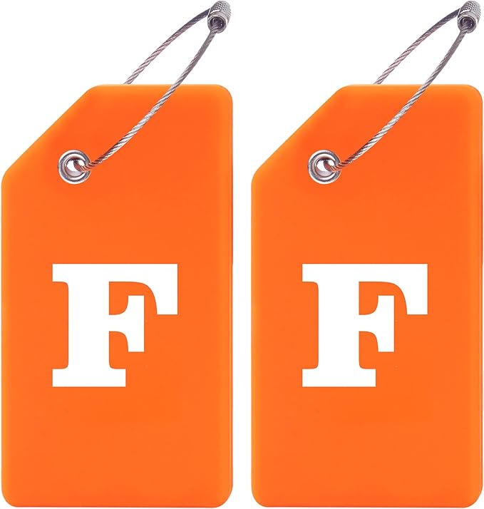 Gostwo 2 Pack Silicone Luggage Tags for Suitcases, 26 Initial Letter Baggage Labels Handbag School Bag Suitcase Instrument Tag with Stainless Steel Loop(Orange)(Letter F)