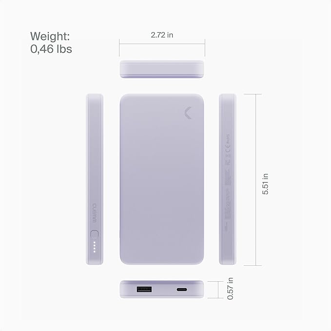 Clemm Portable Charger 10,000mAh Dual Port (USB-A, USB-C) (Lavender)