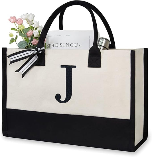 TOPDesign Personalized Initial Canvas Beach Bag, Monogrammed Gift Tote Bag for Women