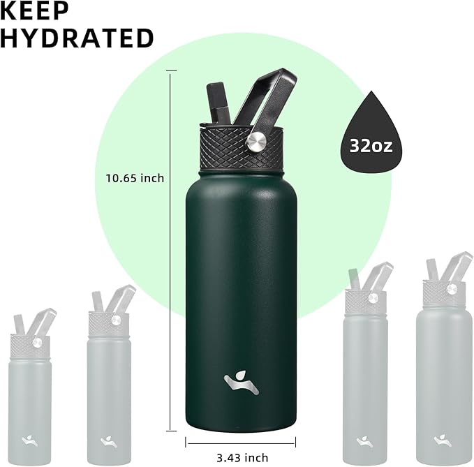 32 oz Insulated Water Bottle Stainless Steel Sport Bottles with 3 Lids,Army Green