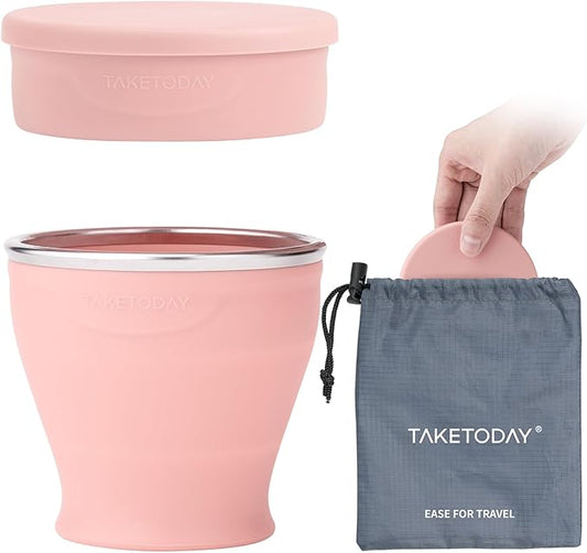 TakeToday Collapsible Travel Cup - Silicone Foldable Water Cup, BPA-Free with Lid & Waterproof Bag - Drinking Cup Set for Camping, Outdoors & International Travel（8 Oz, Lowcountry Peach）