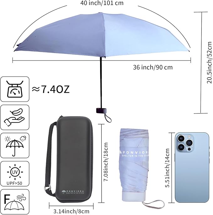 Compact Mini Windproof Travel Umbrella-UPF 50+ Sun & Rain Protection, Small Folding Design Fits in Pocket or Purse, Lightweight Portable with Case for Women, Men & Kids