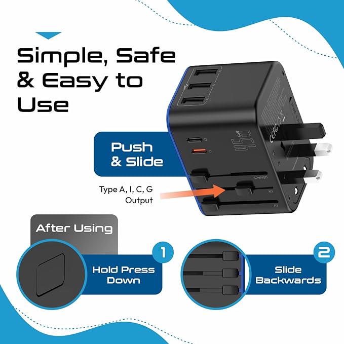 Ceptics Universal Travel Adapter, 45W International Power Adapter with PD & QC 3.0 Dual USB-C, 3 USB Travel Adapter Worldwide, Type I C G A Outlets 110V 220V A/C - EU Euro US UK (11-KU)
