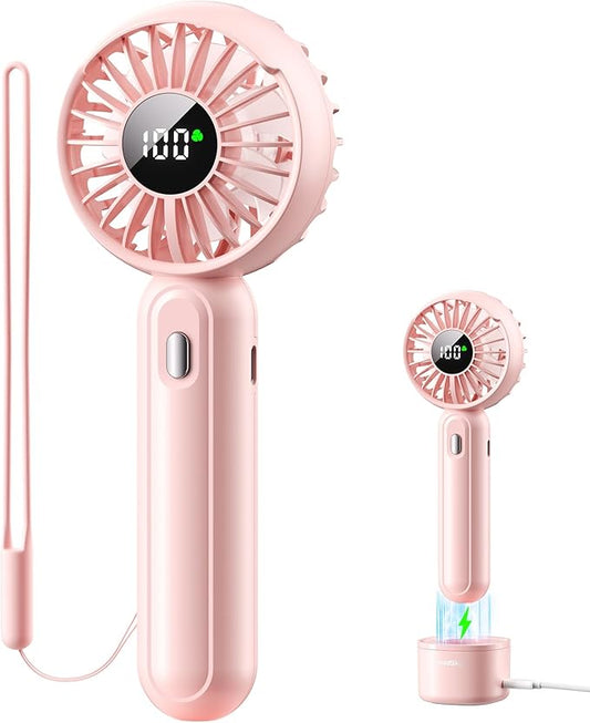 Handheld Fan with 𝗪𝗶𝗿𝗲𝗹𝗲𝘀𝘀 Charging Base, 3 Speeds Portable Fan with Digital Display, 2000mAh Battery Operated Hand Held Fan, Handheld/Desk 2 in 1 Personal Fan Lash Fan Makeup Fan (Pink)