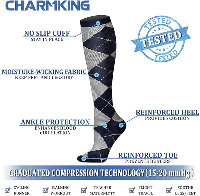 CHARMKING Compression Socks for Women & Men Circulation (8 Pairs) 15-20 mmHg is Best Support for Athletic Running,Cycling