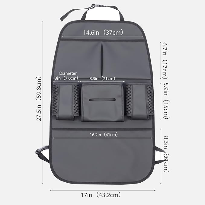 Car Backseat Organizer for Kids, Car Back Seat Storage Bag With 3 Pockets, 2 Drinks Holders, Water Resistant, Kids Toy Storage Kick Mat Back Seat Protector for Toddlers (Black 1-Pack)