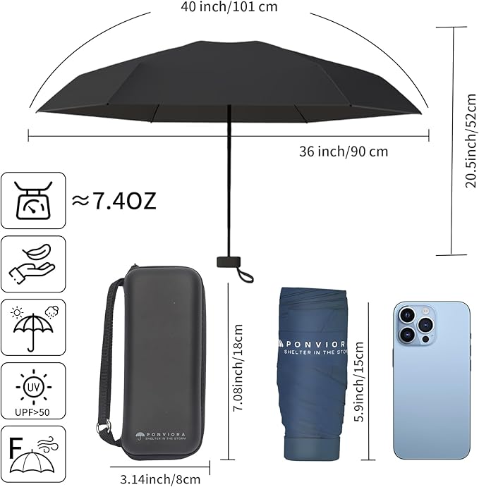 Compact Mini Windproof Travel Umbrella-UPF 50+ Sun & Rain Protection, Small Folding Design Fits in Pocket or Purse, Lightweight Portable with Case for Women, Men & Kids