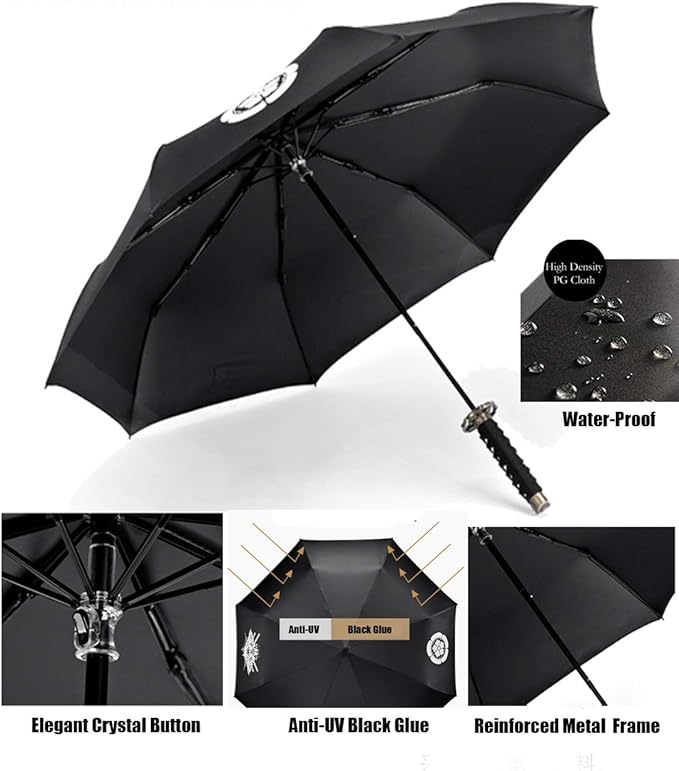 Cool Lemon Samurai Katana Master Sword Hilt Handle Folding Umbrella Anime Portable Travel Japanese Ninja Compact Umbrellas Windproof, Black Glue Anti UV, Business Birthday Gift for Men