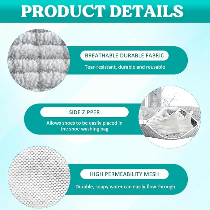 Shoe Washing Machine Bag 2 Pack, 360°Deep Clean Durable Shoes Laundry Bag for Washer and Dryer, Reusable Shoe Cleaner Bags, Sneaker Washing Machine Bag, Gray