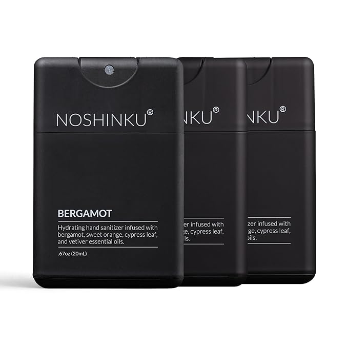 Noshinku - Refillable Hand Sanitizer Bergamot 3-Pack, Travel Size Spray with Hydrating Botanical Oils, Natural Ingredients, All Natural Fragrances, Sugarcane Derived Alcohol, No Parabens, No Dyes