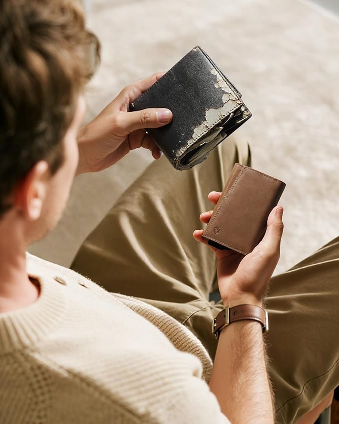 YESIIW Premium Genuine Leather Wallet for Men - Pop up Slim wallet for 8-10 Card Capacity | 1 ID Window | Cash Slot - Smart Mens Wallet Card Case with RFID Blocking - Thin, Front Pocket (Brown)