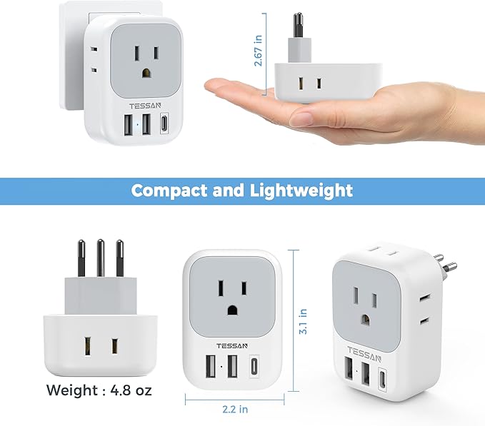 TESSAN Brazil Power Adapter, US to Brazil Travel Plug with 4 American Outlets 3 USB Charger (1 USB C Port), Type N Adaptor for USA to Brazilian Brasil