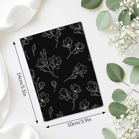 Magnolia Passport Holder for Travel Japanese Black White Line Flower PU Leather Passport Cover Wallet Cute Passport Card Holder for Women and Men
