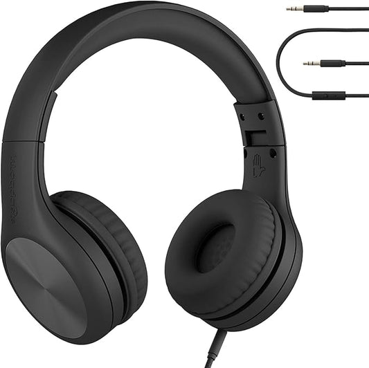 LilGadgets Connect+ Pro Wired Kids Headphones for School with Microphone, Volume Limiting Over-Ear Headset with Cord, SharePort Technology & SoftTouch Padding, Black