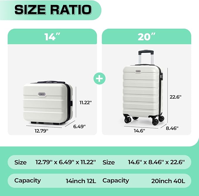 AnyZip Carry On Luggage 2PCS Luggage Set PC ABS Hardshell Lightweight Suitcase TSA Lock with 4 Spinner Wheels（14/20, White）