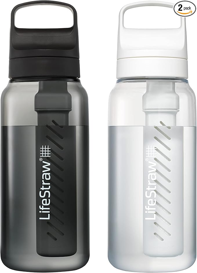 LifeStraw Go Series – BPA-Free Water Filter Bottle for Travel and Everyday use removes Bacteria, parasites and microplastics, Improves Taste, 1L 2-Pack; Nordic Noir and Clear