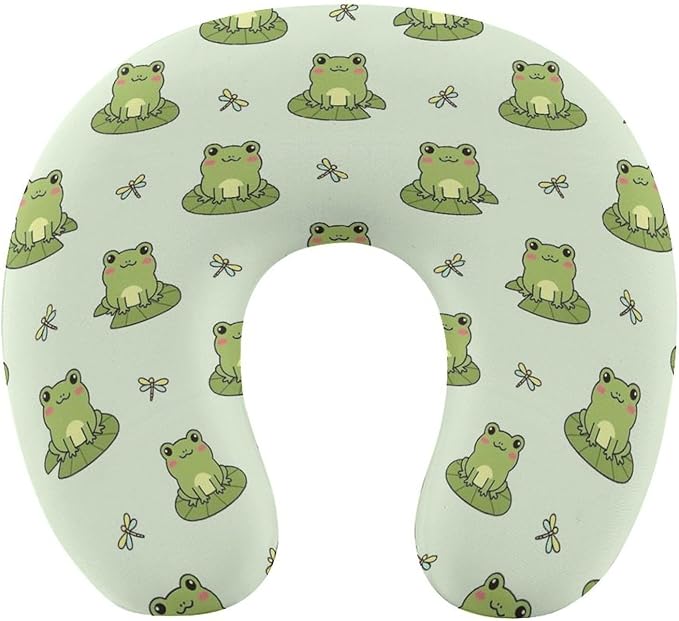 Lightweight Travel Neck Pillow Cute Animal Green Frogs Memory Foam U Shaped Cushion, Washable Removable Cover for Airplane Car Outdoor Rest