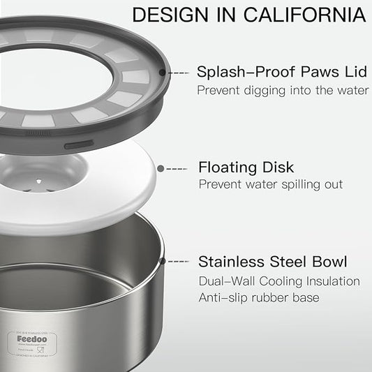 1Gallon No Spill Water Bowl for Dogs, Double-Wall Stainless Steel with Splash-Proof Paws Lid and Floating Disk, Non-Slip Base, Easy to Clean Slow Water Feeder for Large Medium Dogs