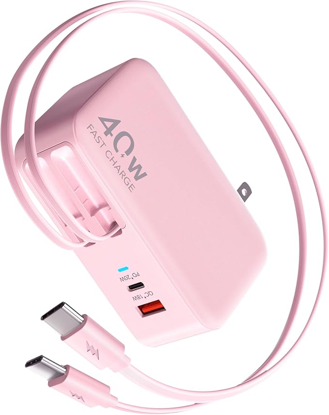 Retractable USB C Charger Wall Plug with Dual 35.5in/90cm Type C Cables Cords,40W Fast Charging Foldable Block Multi Charger for All Devices for iPhone 17/16/15/14/13/12,iPad,Galaxy,Pixel